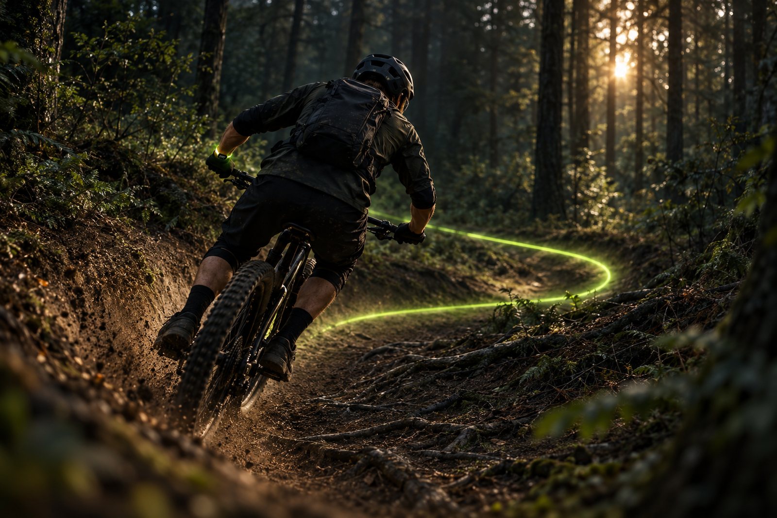 Mountainbiker in een aangelegde bocht op singletrack, blik vooruit