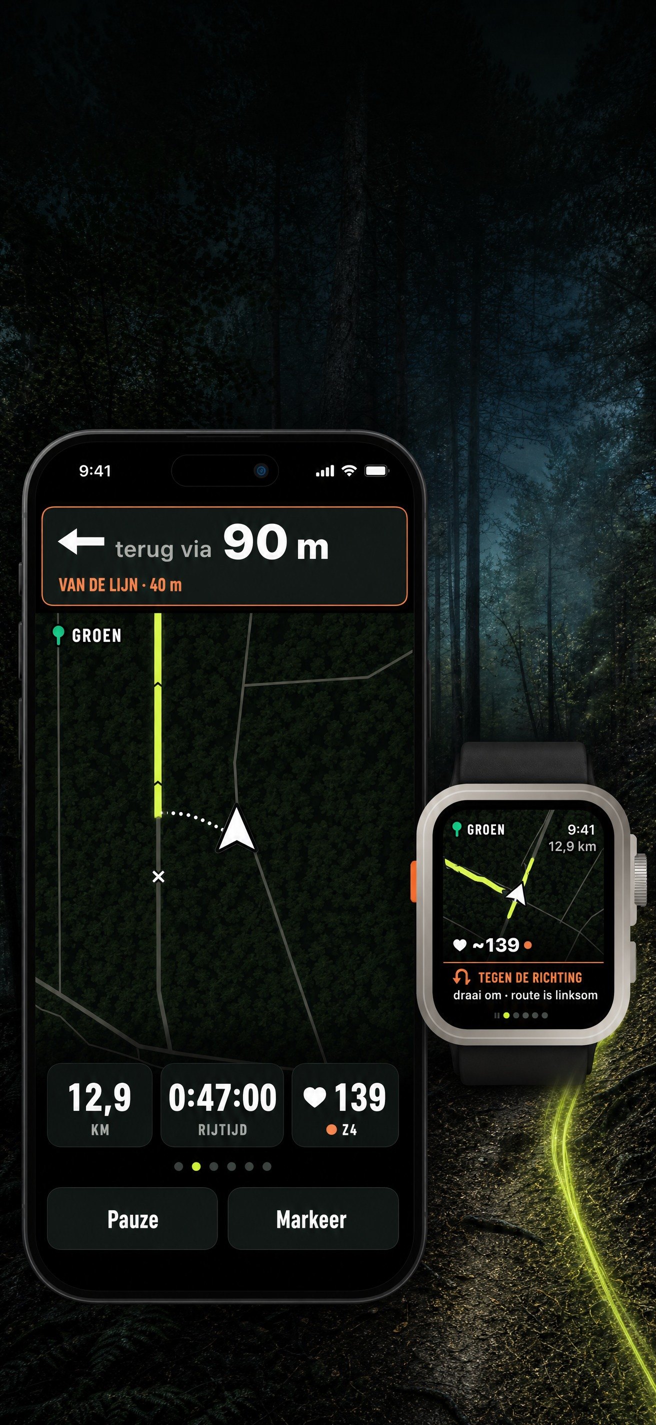 iPhone die meldt dat je 40 m van de lijn af bent en de weg terug 90 m is, Apple Watch met de waarschuwing dat je tegen de richting in rijdt