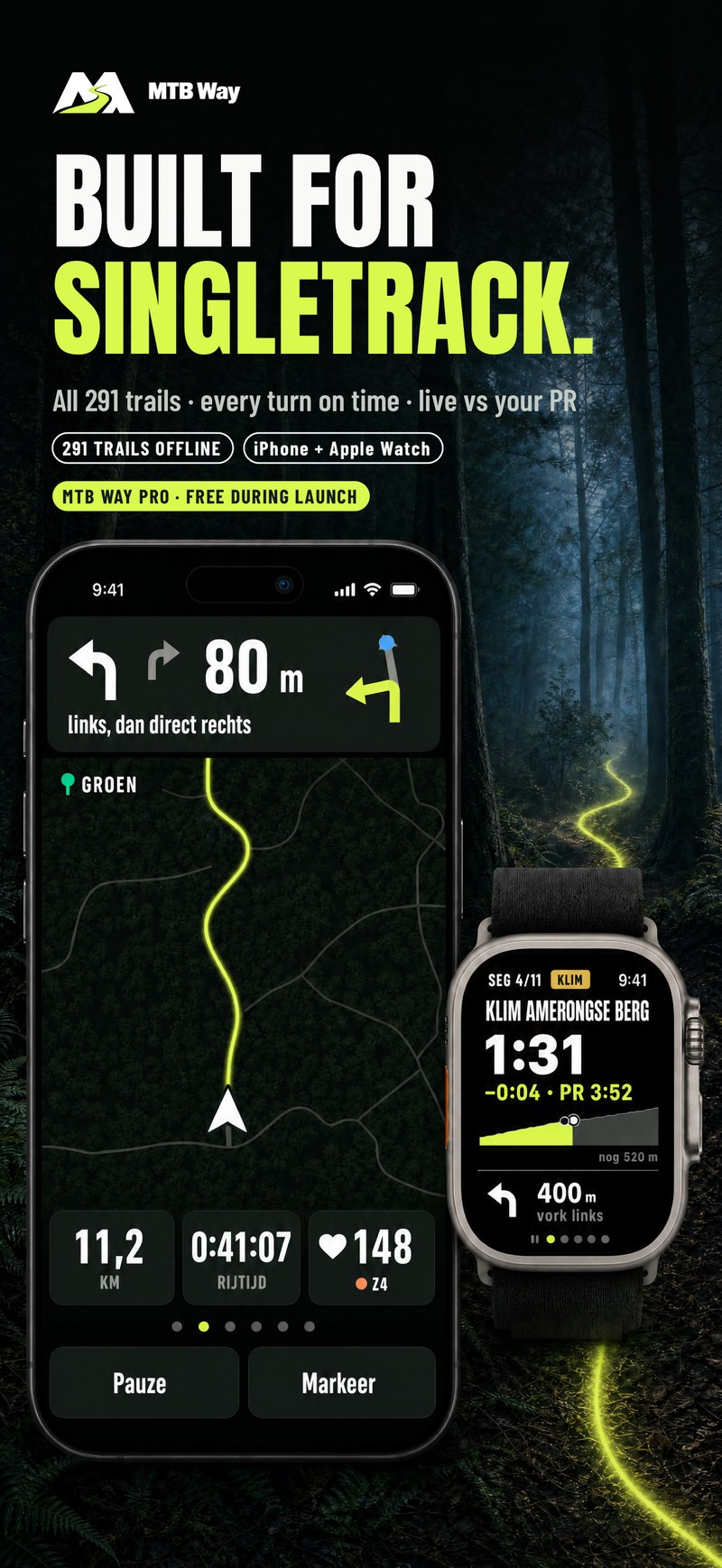 Map with the turn in 80 m, and the live segment on Apple Watch