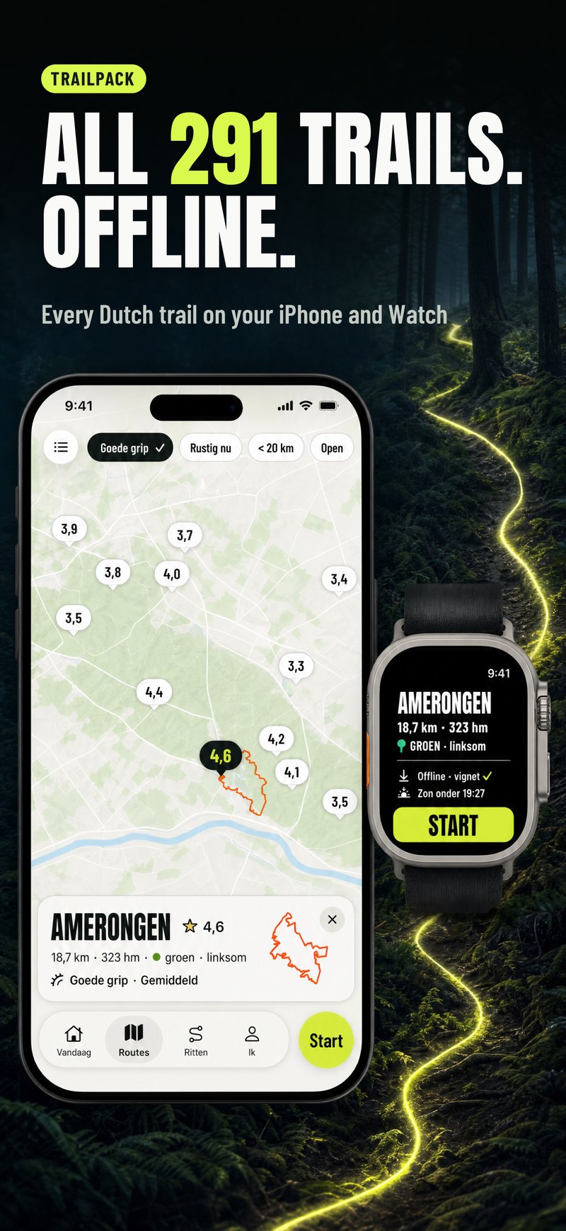 The trail map around Amerongen, with the rating per trail