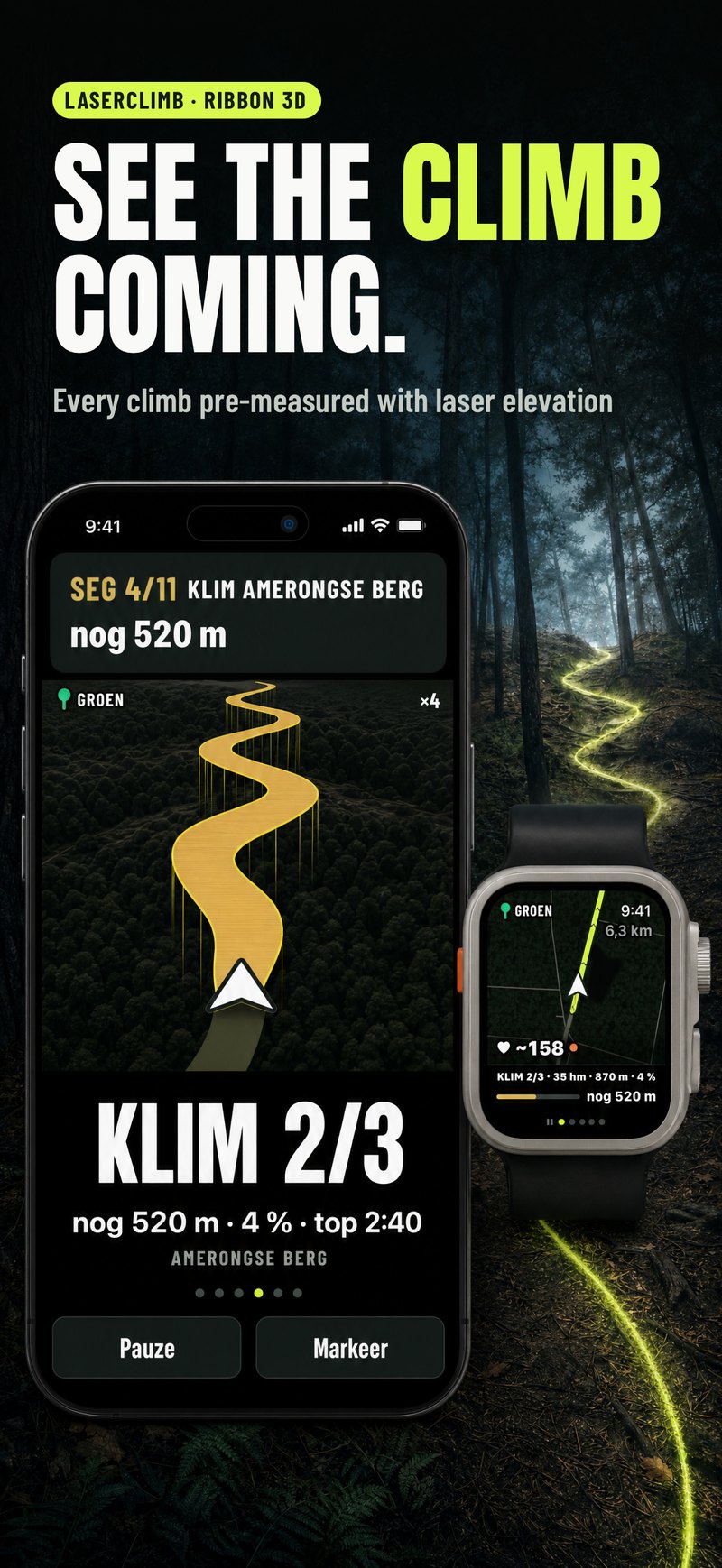 The climb as a 3D ribbon: climb 2 of 3, 520 m to go
