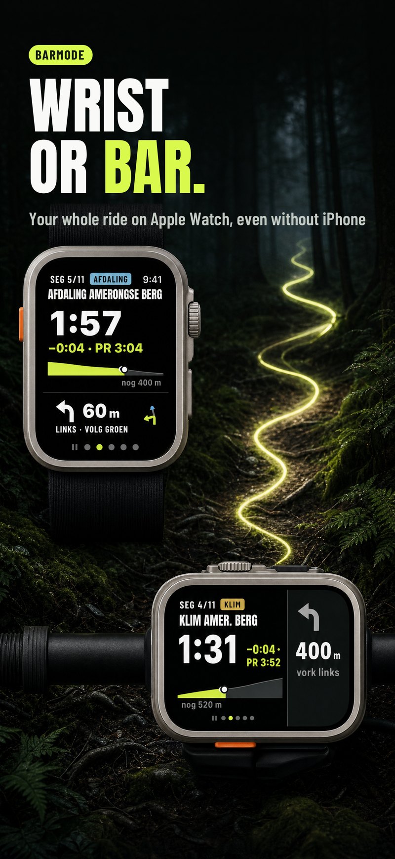 One Apple Watch on the wrist, one turned a quarter on the bar