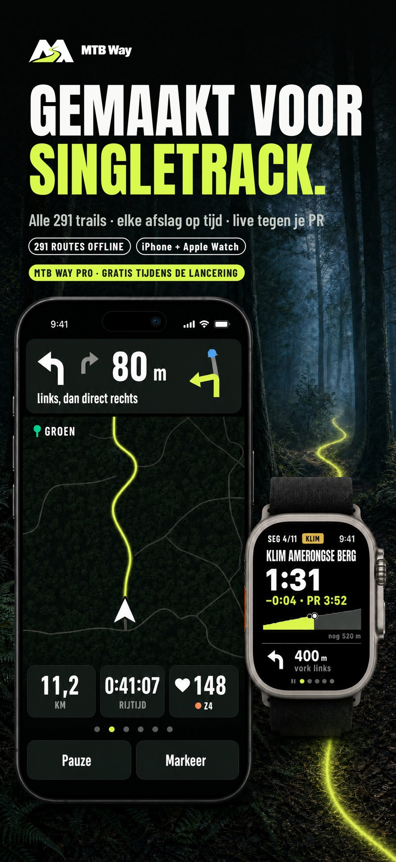 Kaart met de afslag over 80 m, en het lopende segment op de Apple Watch