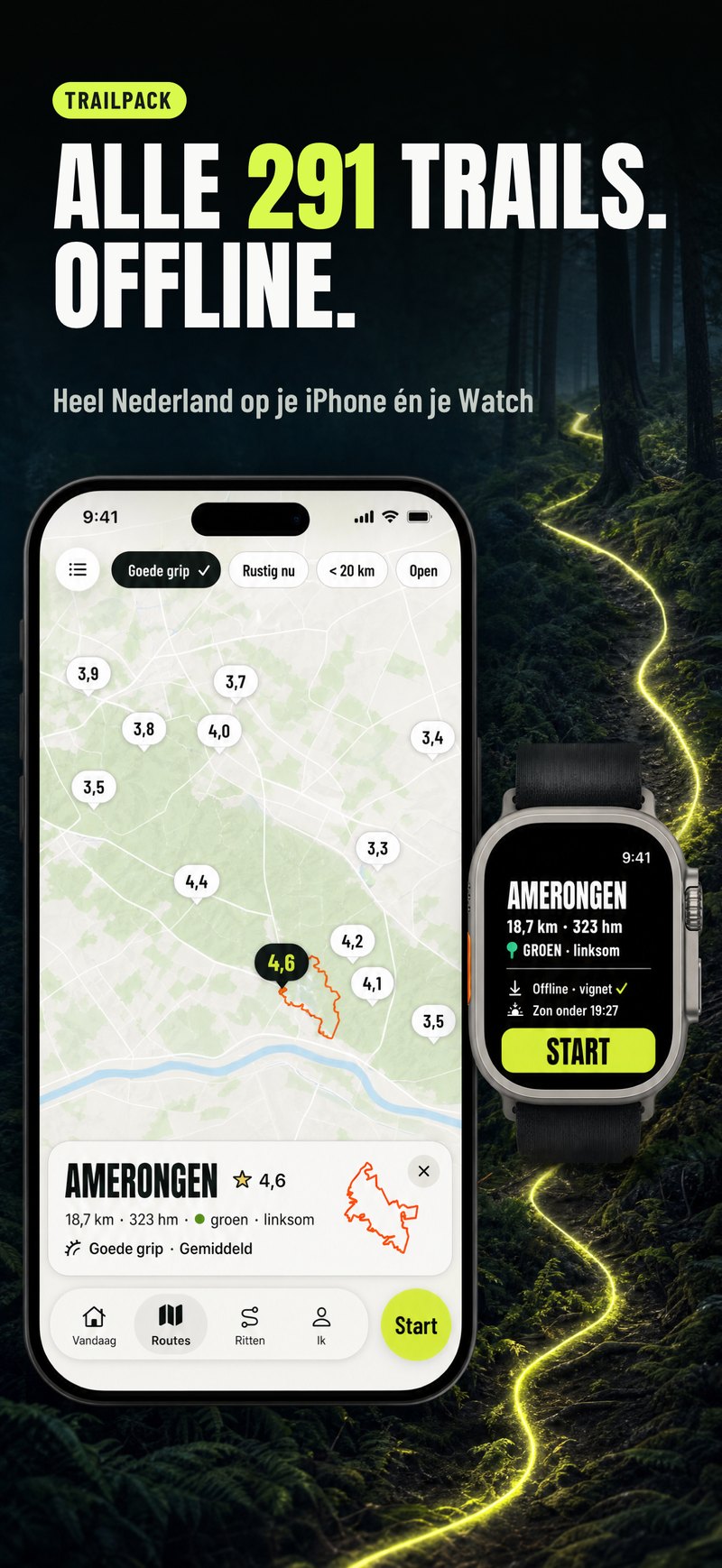 De routekaart rond Amerongen, met de score per route