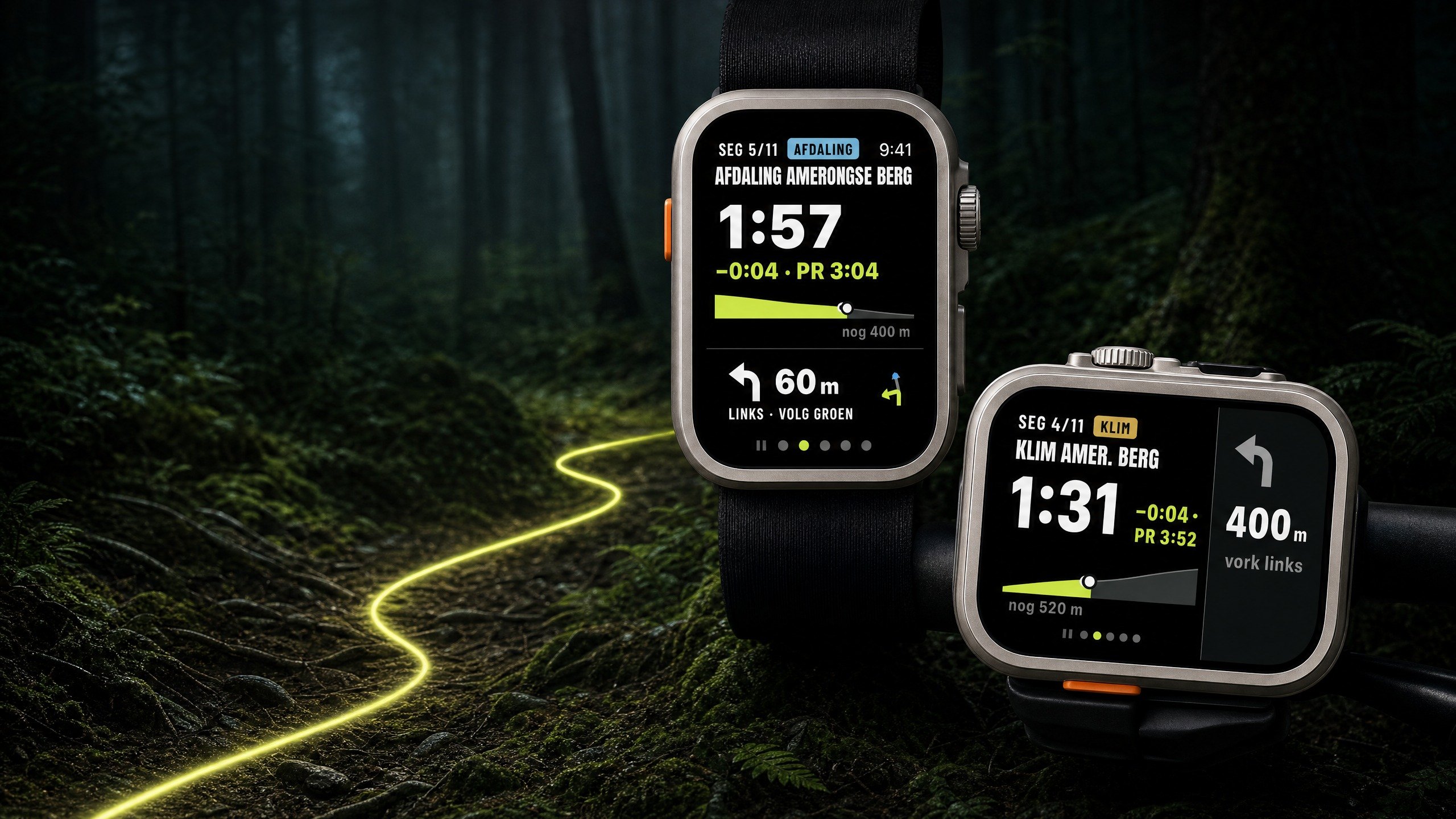 Twee keer Apple Watch boven een singletrack: één aan de pols, één een kwartslag gedraaid op het stuur