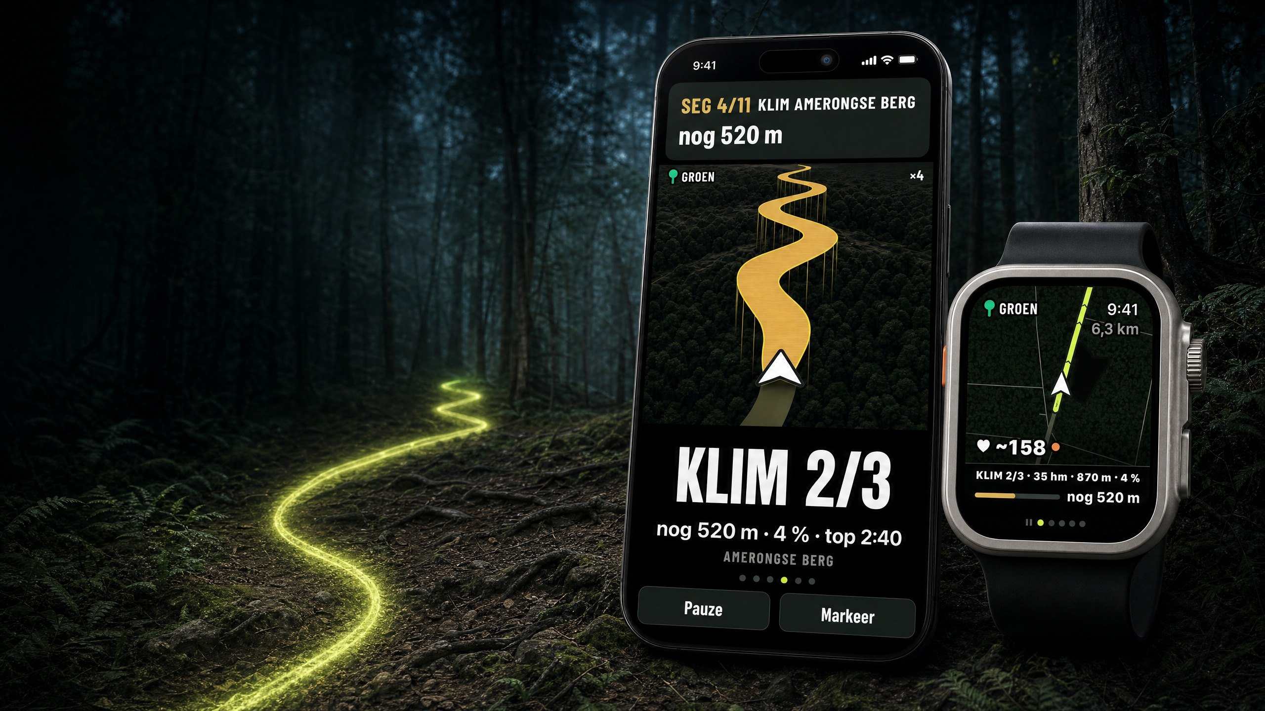 iPhone met de klim als 3D-lint en de meters die nog komen, Apple Watch met de klim in de strook