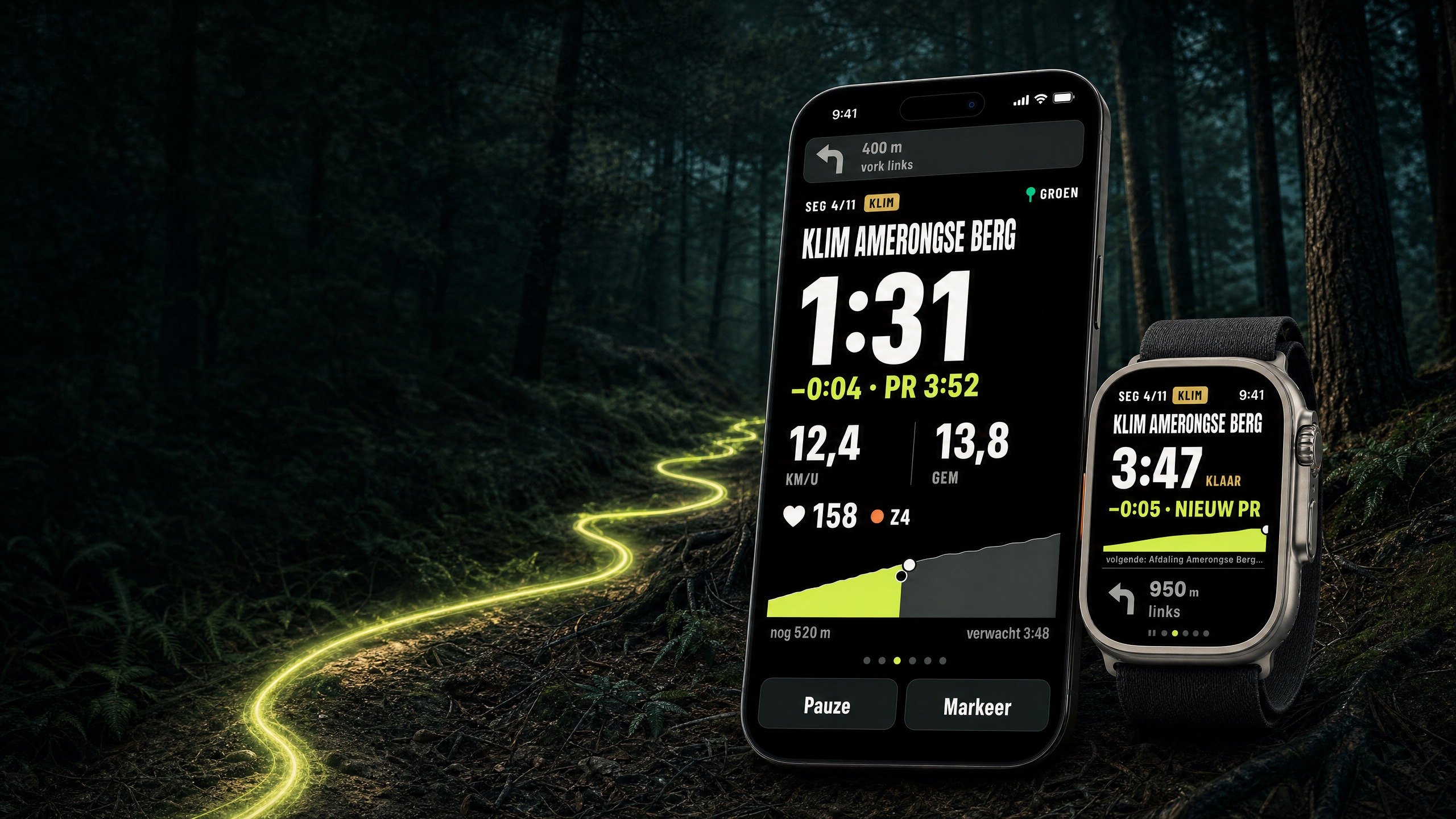 iPhone met de live segmentpagina van de klim en hoeveel je voorligt op je PR, Apple Watch met een nieuw record